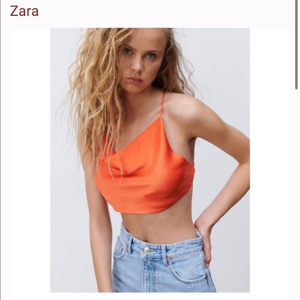 Zara Womens Satin Crop Top XSmall Orange Open Criss Cross Strap Back Cow Neck